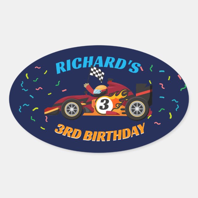 Sticker Ovale Thème de voiture de course pour l'anniversaire de  (Devant)
