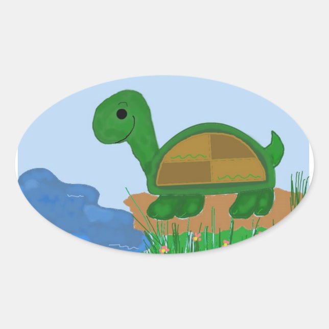 Sticker Ovale Tortue au bord de l'étang (Devant)