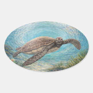 Sticker Ovale Tortue de mer dans un vortex océanique