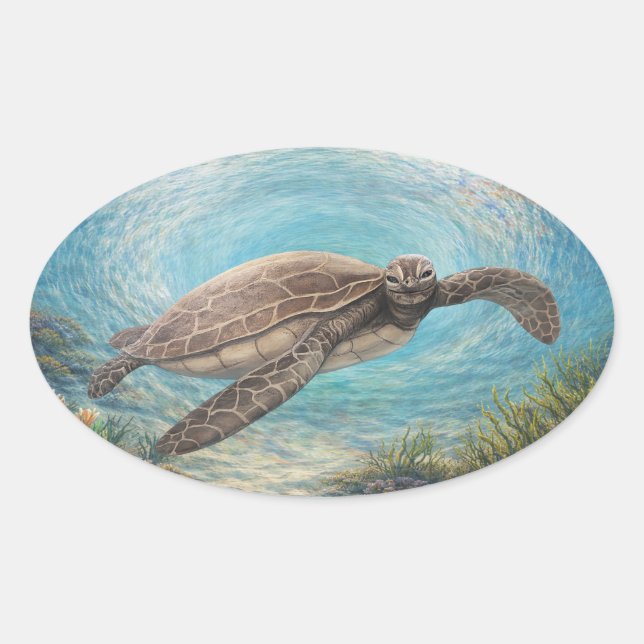 Sticker Ovale Tortue de mer dans un vortex océanique (Devant)