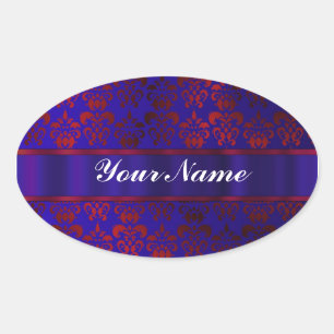 Sticker Ovale Tourbillon rouge et bleu damassé