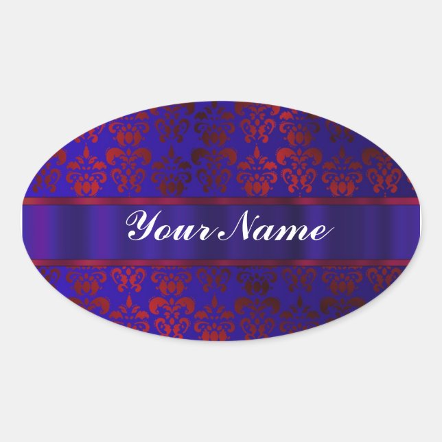 Sticker Ovale Tourbillon rouge et bleu damassé (Devant)