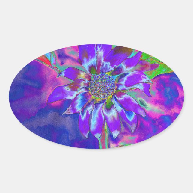 Sticker Ovale Tournesol bleu Abstrait | retro funky (Devant)