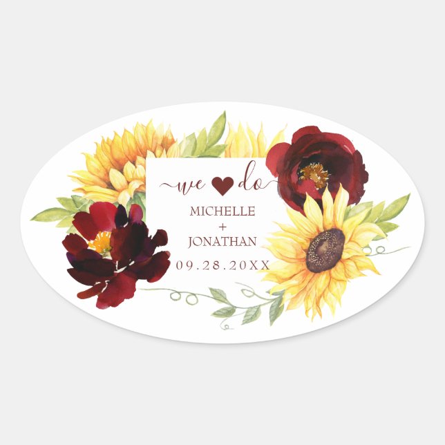 Sticker Ovale Tournesol Rose rouge Nous faisons Mariage Favor St (Devant)