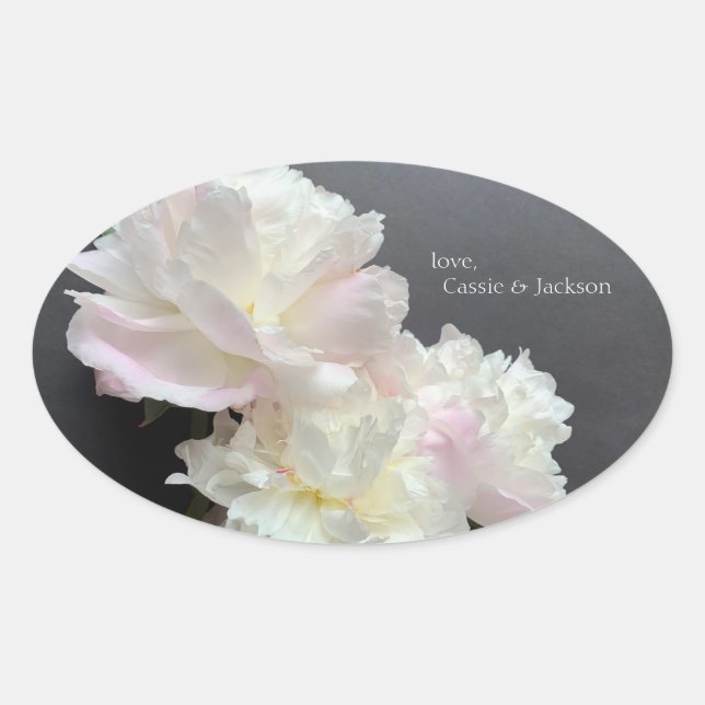 Sticker Ovale Trois pivoines blanches sur gris foncé (Devant)