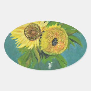 Sticker Ovale Trois tournesols dans un Vase, van Gogh
