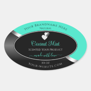 Sticker Ovale Turquoise Black Wavy Silver Coeurs mignons Étiquet