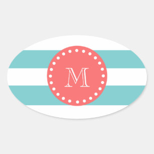Sticker Ovale Turquoise Bleu Blancs Motif, Coral Monogramme