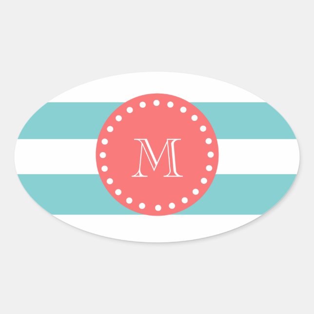 Sticker Ovale Turquoise Bleu Blancs Motif, Coral Monogramme (Devant)