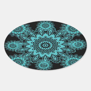 Sticker Ovale Turquoise bleu et noir dentelle de neige Mandala