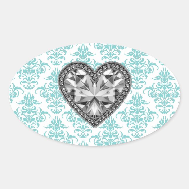 Sticker Ovale Turquoise Damask Coeur Enveloppe Sceau Fête Favori (Devant)