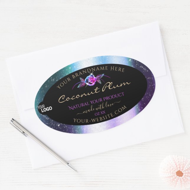 Sticker Ovale Turquoise Parties scintillant violet noir Étiquett (Enveloppe)