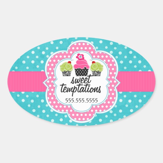 Sticker Ovale Turquoise Polka Dot Cupcake Bakery (Devant)