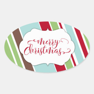 Sticker Ovale Typographie rouge de Joyeux Noël avec des rayures 