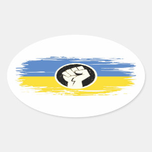 Sticker Ovale Ukraine solidarité drapeau bleu jaune levé à la ma