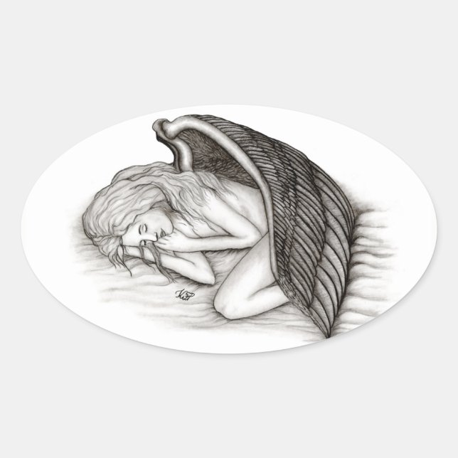 Sticker Ovale Un Angel endormi, noir et blanc (Devant)