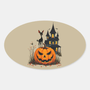 Sticker Ovale Un cerf sur un Citrouille d'Halloween et une maiso