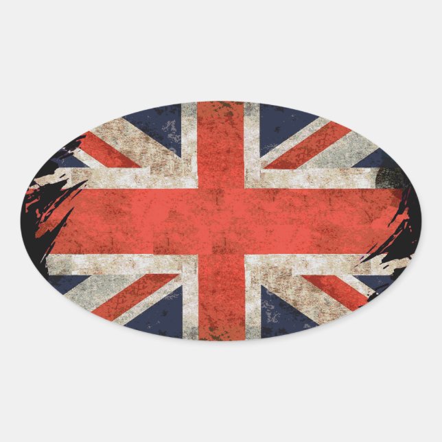 Sticker Ovale Union Jack déchiquetée âgée (Devant)