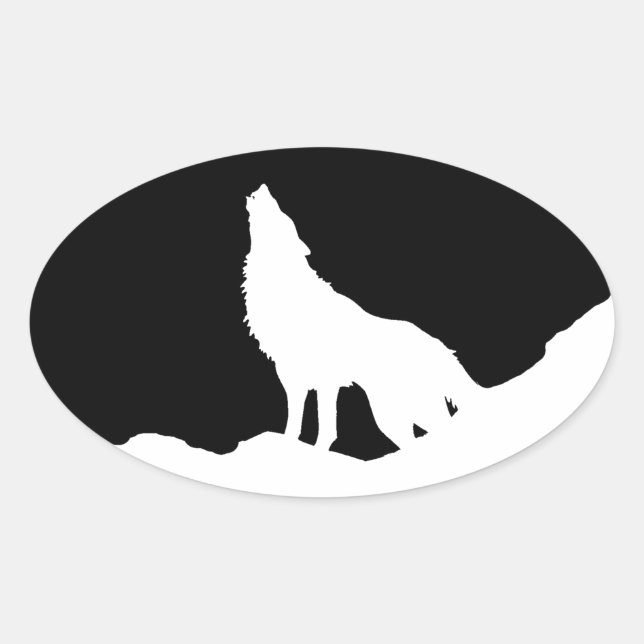 Sticker Ovale Unique Noir & Blanc Pop Art Wolf Silhouette (Devant)