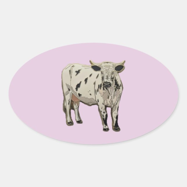 Sticker Ovale Vache à cornes blanches avec des taches brunes (Devant)
