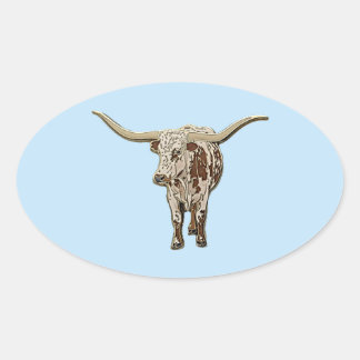 Sticker Ovale Vache à longues cornes tachetée