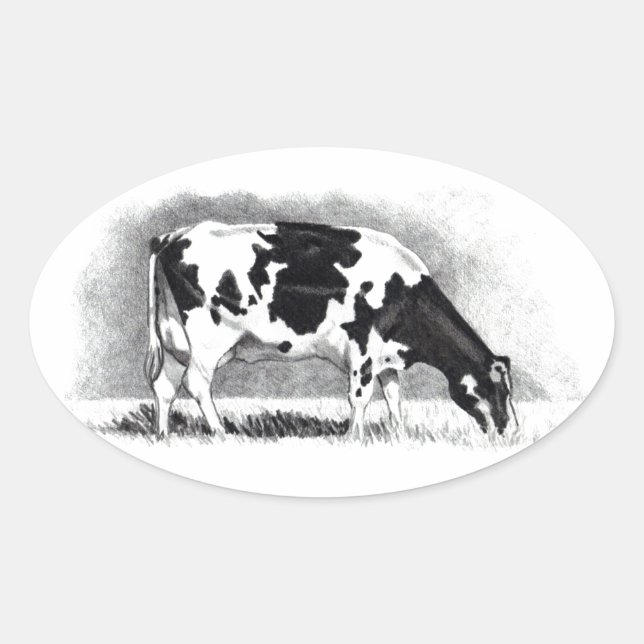 Sticker Ovale Vache Holstein : Dessin au crayon : Ferme, Pays (Devant)
