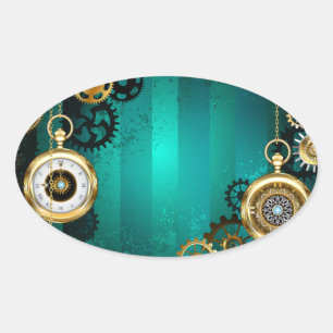 Sticker Ovale Veille bijoux Steampunk sur un Arrière - plan vert