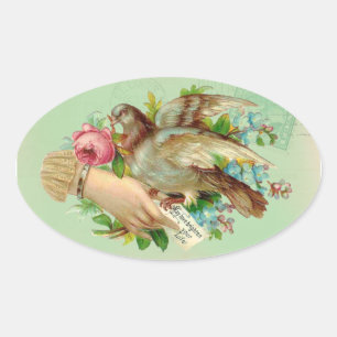 Sticker Ovale Victorian Valentine Bird et rose
