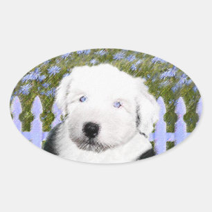 Sticker Ovale Vieux anglais Sheepdog Puppy Peinture - Chien Art