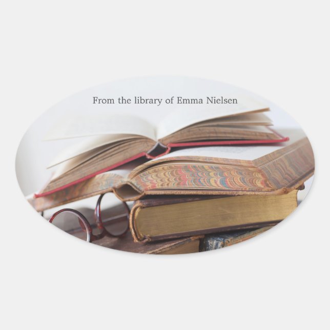 Sticker Ovale Vieux livres avec des lunettes (Devant)