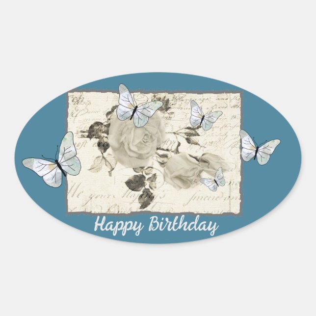 Sticker Ovale Vintage avec papillons (Devant)