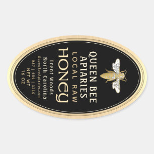 Sticker Ovale Vintage Bee 16 oz Queenline Jar Honey Label Noir
