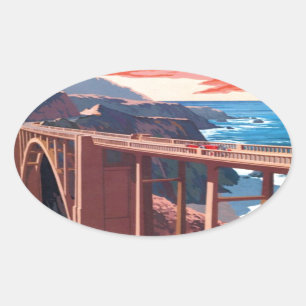 Sticker Ovale Vintage Big Sur Bixby Bridge USA Tourisme