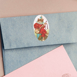 Sticker Ovale Vintage Clown Jester Musicien Chat Mandolin