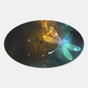 Sticker Ovale Vol de libellule verte lumineuse