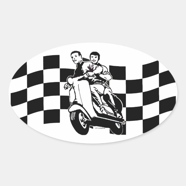 Sticker Ovale Voyageurs de scooter noir et blanc (Devant)