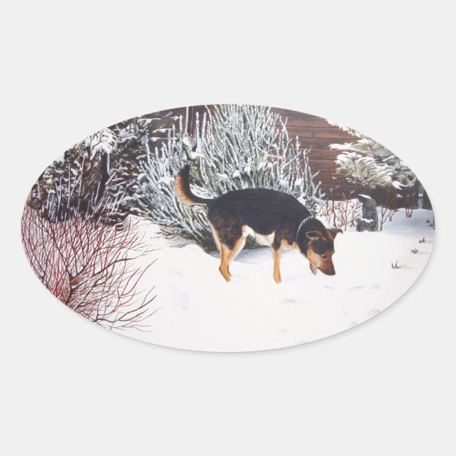 Sticker Ovale Winter snow scene with cute black and tan dog (Devant)
