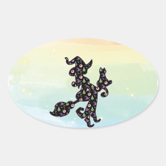 Sticker Ovale Witchy And Cat, Halloween Mood (Devant)