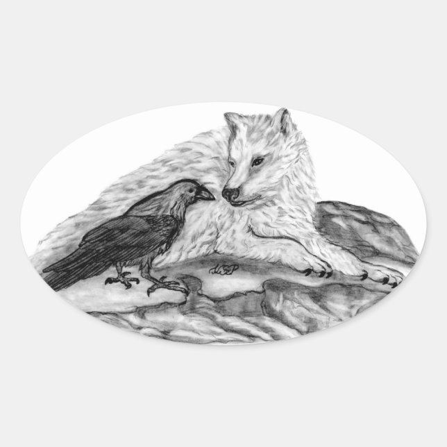 Sticker Ovale Wolf and Raven black and white design (Devant)
