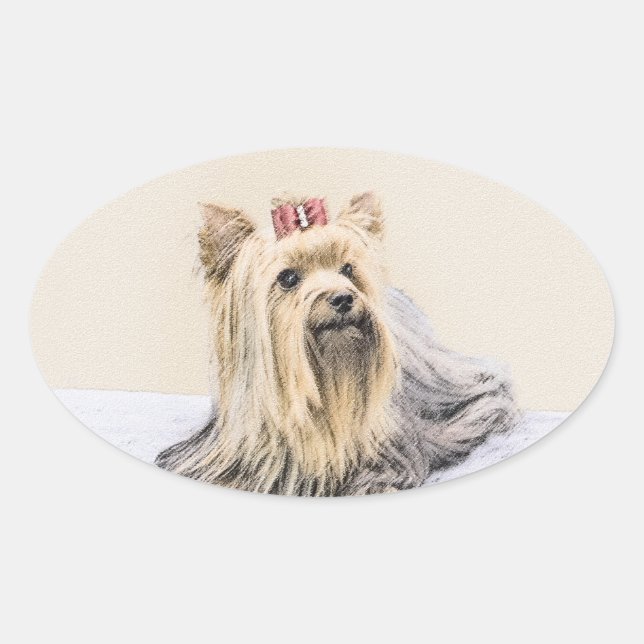 Sticker Ovale Yorkshire Terrier Peinture - Cute Original Chien A (Devant)