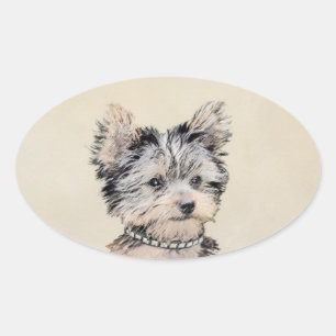 Sticker Ovale Yorkshire Terrier Puppy Peinture Chien original