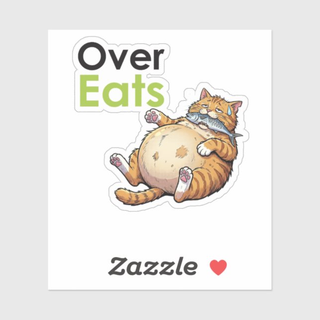 Sticker Over Eats - Funny Fat Cat Eating Fish Cartoon (Feuille)