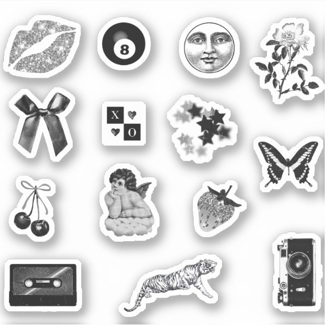 Sticker Pack esthétique mignon Fille Noir Blanc (Devant)