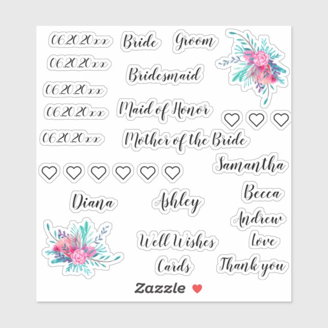 Sticker Pack mariage | Noms typographiques dates verre flo (Feuille)