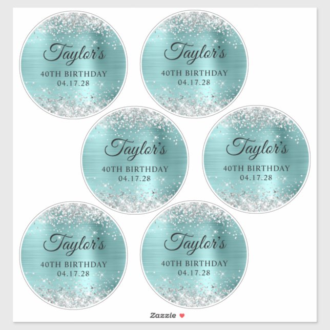 Sticker Paillettes Argent & Turquoise 40e Anniversaire 5"  (Feuille)