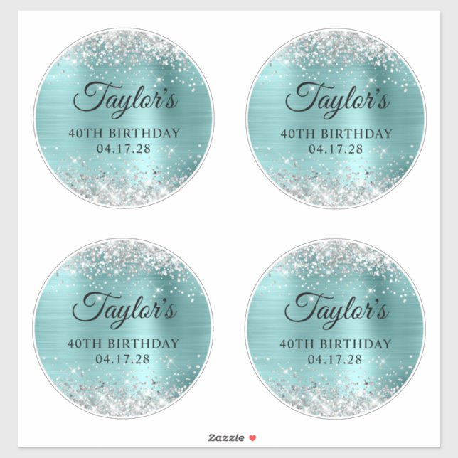 Sticker Paillettes Argent & Turquoise 40e Anniversaire 6"  (Feuille)