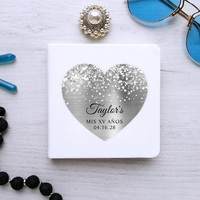 Sticker Paillettes Argentées Brillantes Forme de Coeur Mis (Silver Glitter Custom Heart Sticker)