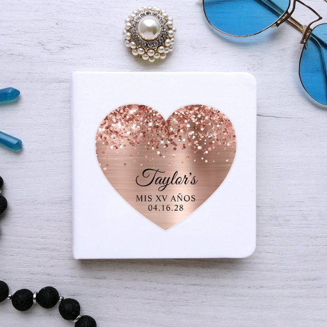 Sticker Paillettes Rose Or Feuille Mis XV Ans Forme de Coe (Rose Gold Heart Shape Sticker for a Guestbook)
