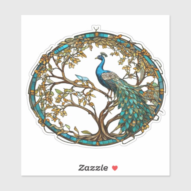 Sticker Paon en vitrail sur un arbre d'automne (Feuille)