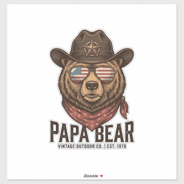 Sticker Papa Bear Cowboy Bear Patriotic Vintage Vector Des (Feuille)